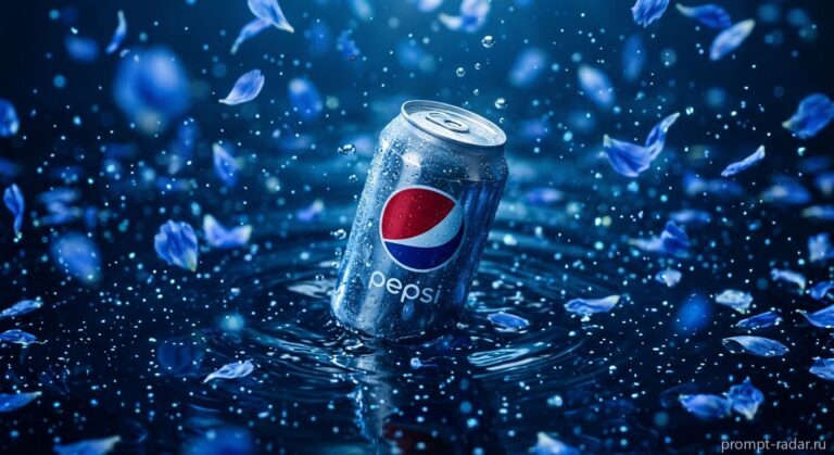 Промпт: Банка Pepsi в глубокой синей воде с лепестками и конденсатом