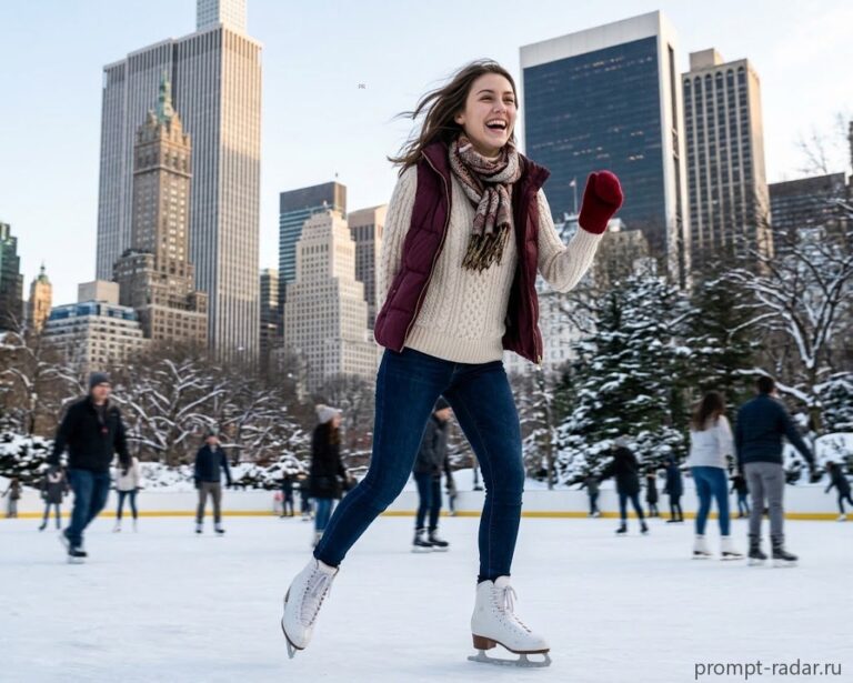 Промпт: Радостная женщина на коньках в Wollman Rink, зимняя романтика Манхэттена