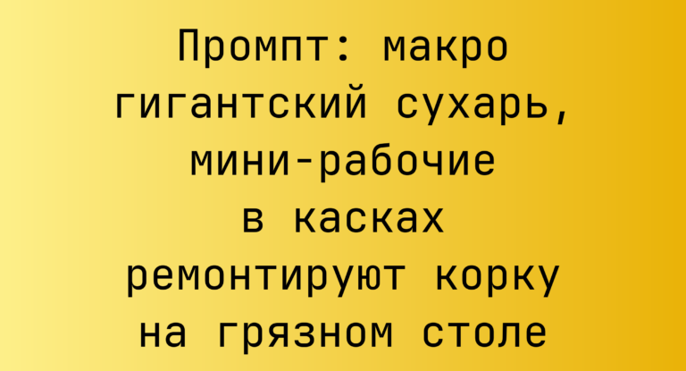 Промпт: макро гигантский сухарь, мини-рабочие в касках ремонтируют корку на грязном столе