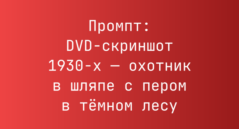 Промпт: DVD-скриншот 1930-х — охотник в шляпе с пером в темном лесу