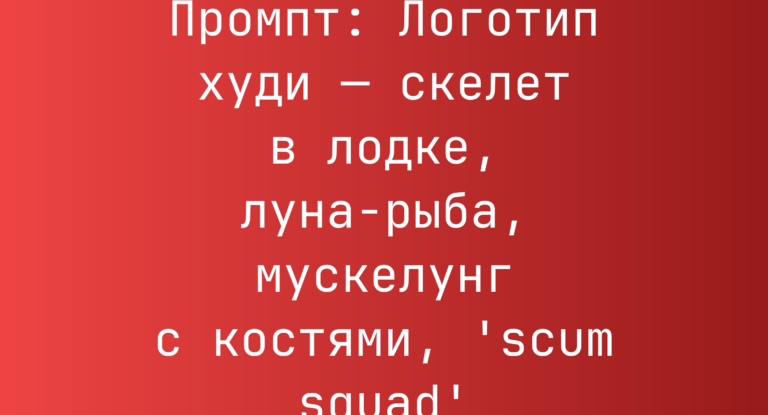 Промпт: Логотип худи — скелет в лодке, луна-рыба, мускелунг с костями, ‘scum squad’