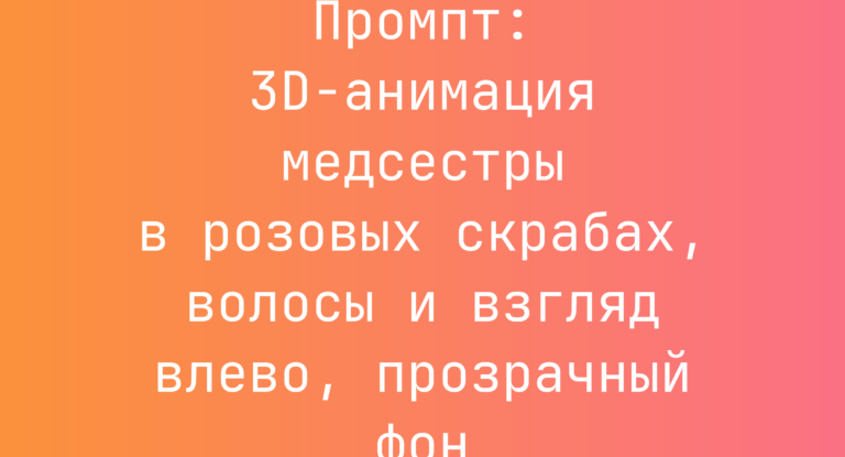 Промпт: 3D-анимация медсестры в розовых скрабах, волосы и взгляд влево, прозрачный фон