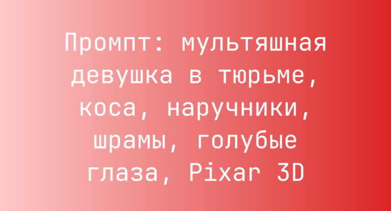 Промпт: мультяшная девушка в тюрьме, коса, наручники, шрамы, голубые глаза, Pixar 3D