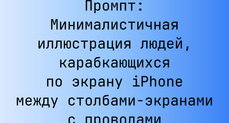 Промпт: Минималистичная иллюстрация людей, карабкающихся по экрану iPhone между столбами-экранами с проводами