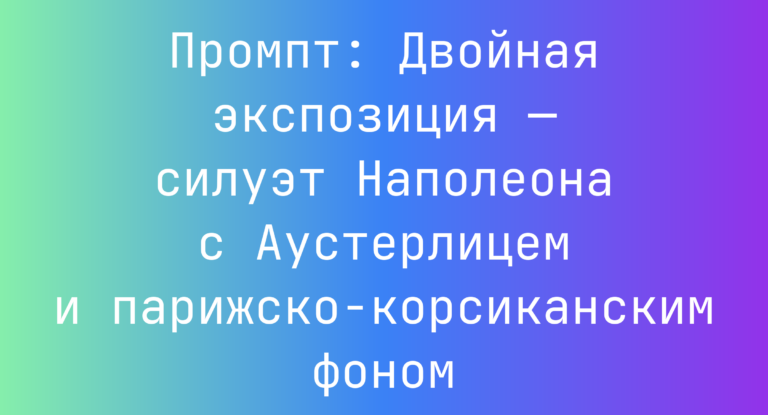 Промпт: Двойная экспозиция — силуэт Наполеона с Аустерлицем и парижско-корсиканским фоном