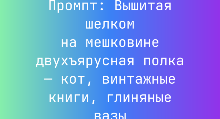 Промпт: Вышитая шелком на мешковине двухъярусная полка — кот, винтажные книги, глиняные вазы