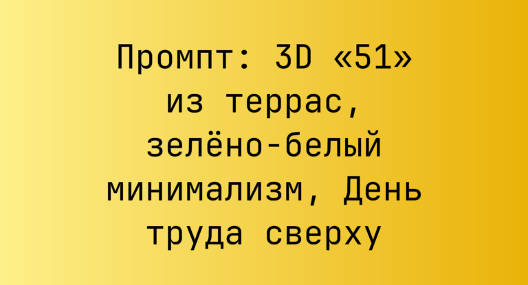 Промпт: 3D «51» из террас, зелено-белый минимализм, День труда сверху