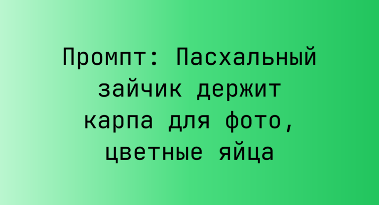 Промпт: Пасхальный зайчик держит карпа для фото, цветные яйца
