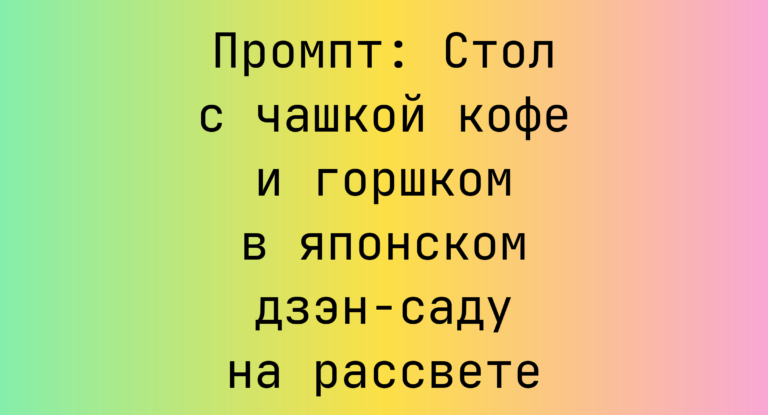 Промпт: Стол с чашкой кофе и горшком в японском дзэн-саду на рассвете