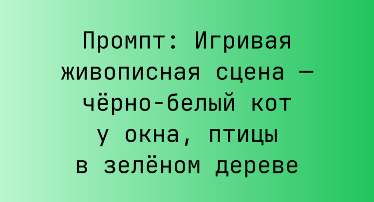 Промпт: Игривая живописная сцена — черно-белый кот у окна, птицы в зеленом дереве