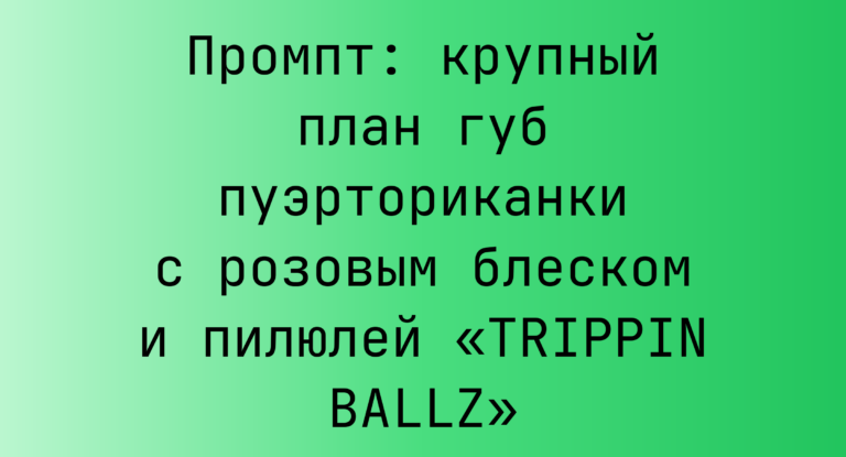 Промпт: крупный план губ пуэрториканки с розовым блеском и пилюлей «TRIPPIN BALLZ»