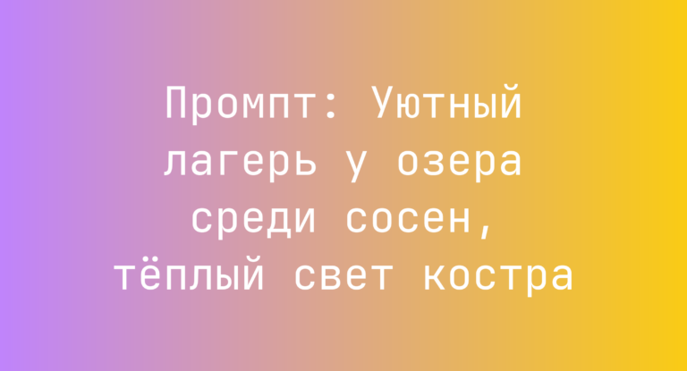 Промпт: Уютный лагерь у озера среди сосен, теплый свет костра