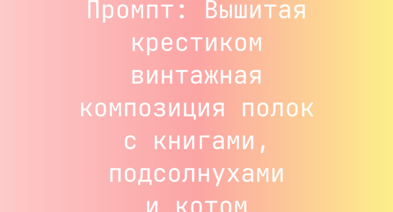 Промпт: Вышитая крестиком винтажная композиция полок с книгами, подсолнухами и котом