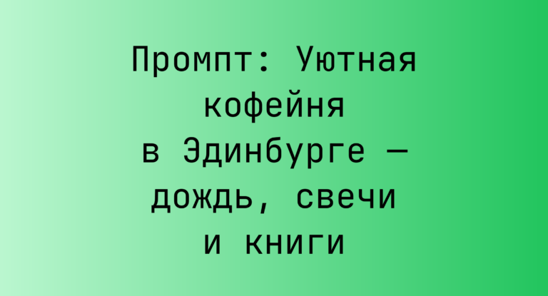Промпт: Уютная кофейня в Эдинбурге — дождь, свечи и книги