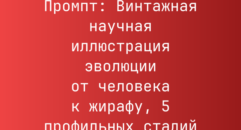 Промпт: Винтажная научная иллюстрация эволюции от человека к жирафу, 5 профильных стадий
