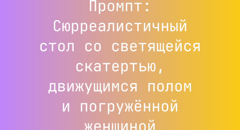 Промпт: Сюрреалистичный стол со светящейся скатертью, движущимся полом и погруженной женщиной
