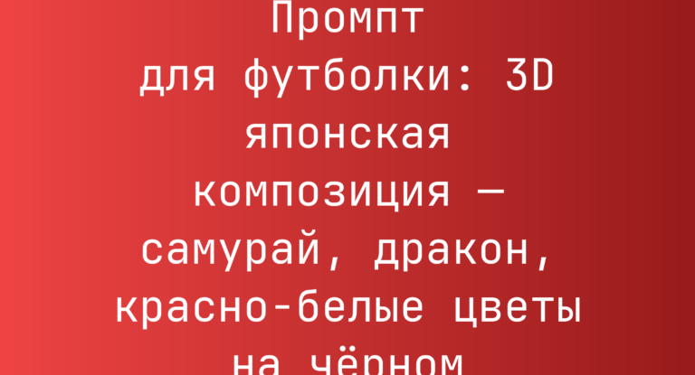 Промпт для футболки: 3D японская композиция — самурай, дракон, красно-белые цветы на черном