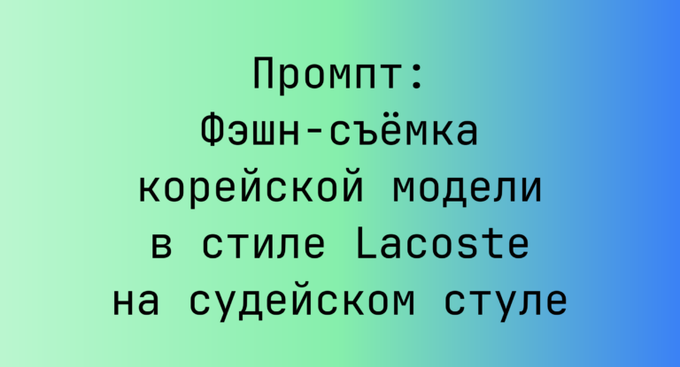 Промпт: Фэшн-съемка корейской модели в стиле Lacoste на судейском стуле