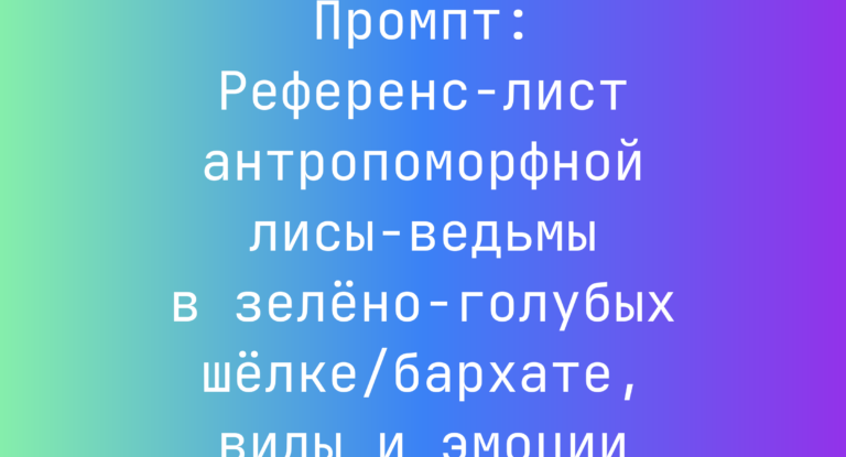 Промпт: Референс-лист антропоморфной лисы-ведьмы в зелено-голубых шелке/бархате, виды и эмоции