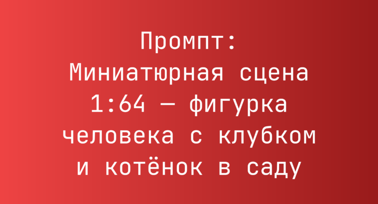 Промпт: Миниатюрная сцена 1:64 — фигурка человека с клубком и котенок в саду