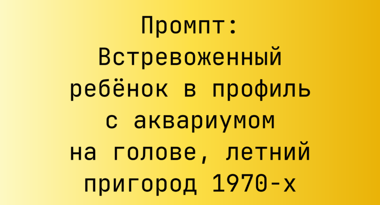 Промпт: Встревоженный ребенок в профиль с аквариумом на голове, летний пригород 1970-х