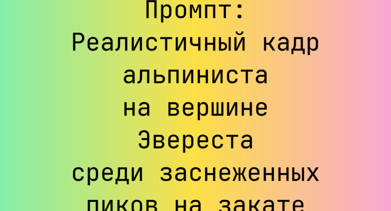Промпт: Реалистичный кадр альпиниста на вершине Эвереста среди заснеженных пиков на закате