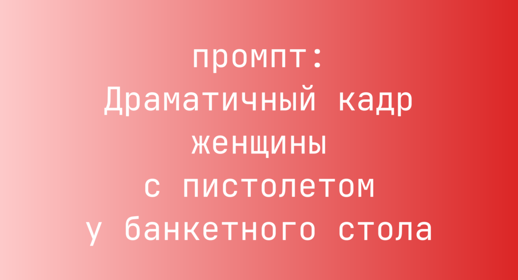 Драматичный кадр женщины с пистолетом у банкетного стола