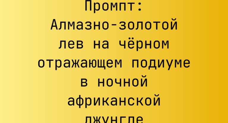 Промпт: Алмазно-золотой лев на черном отражающем подиуме в ночной африканской джунгле