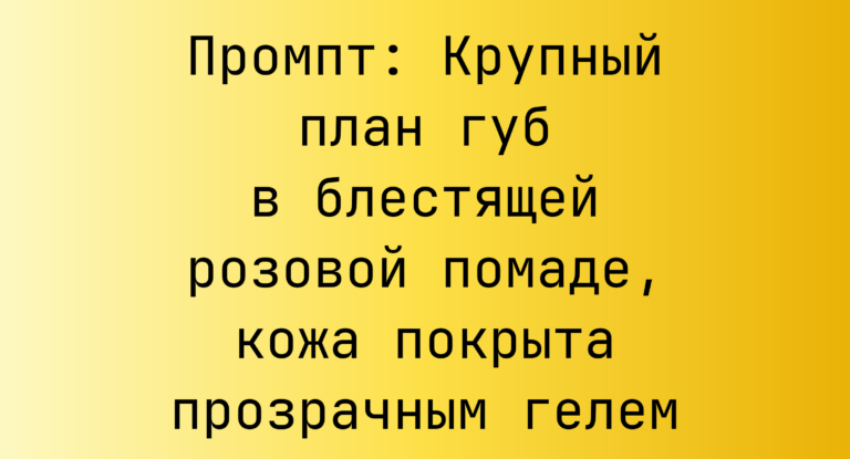 Промпт: Крупный план губ в блестящей розовой помаде, кожа покрыта прозрачным гелем