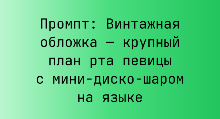 Промпт: Винтажная обложка — крупный план рта певицы с мини-диско-шаром на языке