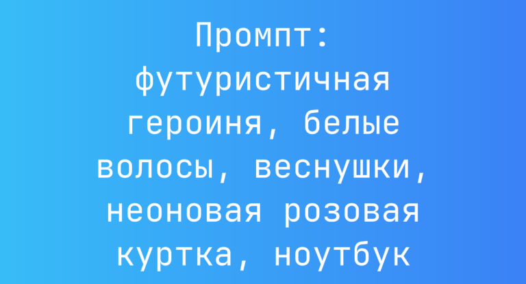 Промпт: футуристичная героиня, белые волосы, веснушки, неоновая розовая куртка, ноутбук