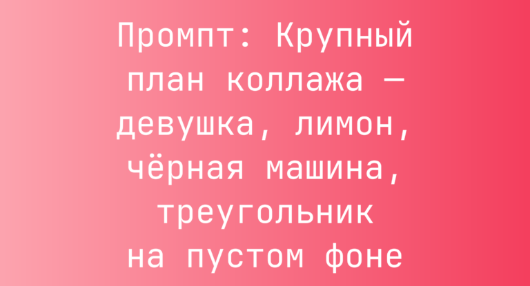 Промпт: Крупный план коллажа — девушка, лимон, черная машина, треугольник на пустом фоне