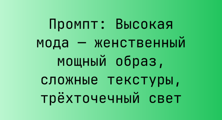 Промпт: Высокая мода — женственный мощный образ, сложные текстуры, трехточечный свет