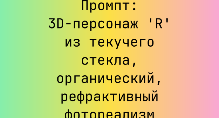 Промпт: 3D-персонаж ‘R’ из текучего стекла, органический, рефрактивный фотореализм