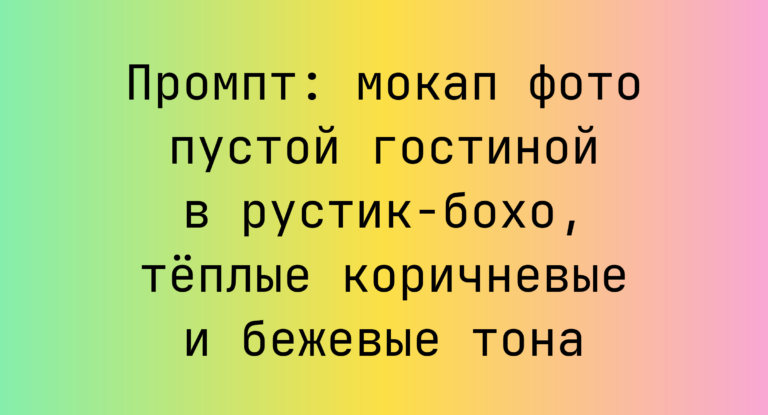 Промпт: мокап фото пустой гостиной в рустик-бохо, теплые коричневые и бежевые тона