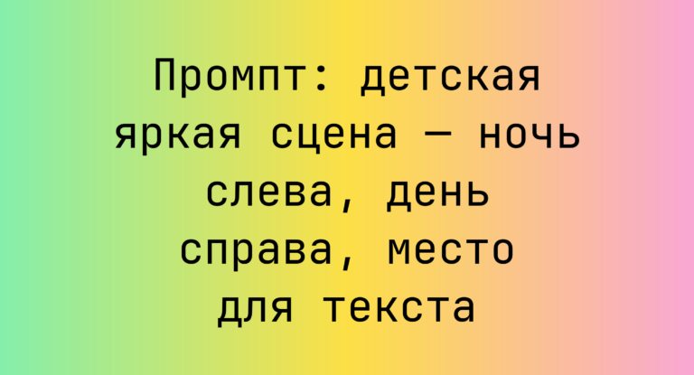 Промпт: детская яркая сцена — ночь слева, день справа, место для текста