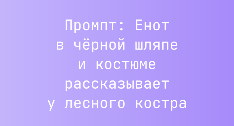 Промпт: Енот в черной шляпе и костюме рассказывает у лесного костра