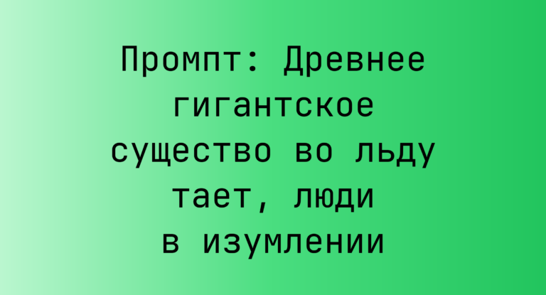 Промпт: Древнее гигантское существо во льду тает, люди в изумлении