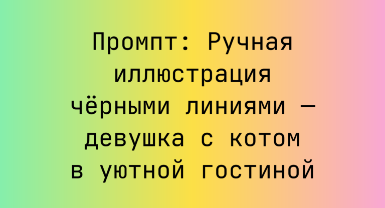 Промпт: Ручная иллюстрация черными линиями — девушка с котом в уютной гостиной