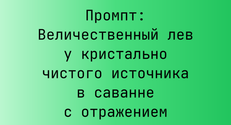 Промпт: Величественный лев у кристально чистого источника в саванне с отражением