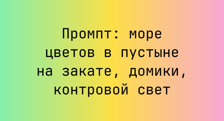 Промпт: море цветов в пустыне на закате, домики, контровой свет