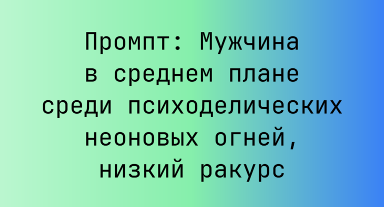 Промпт: Мужчина в среднем плане среди психоделических неоновых огней, низкий ракурс