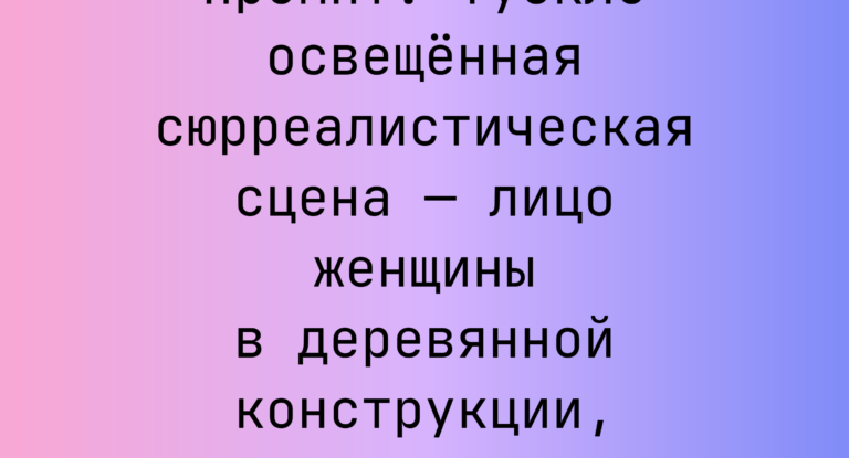 Промпт: тускло освещенная сюрреалистическая сцена — лицо женщины в деревянной конструкции, ретро-интерьер