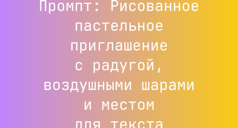 Промпт: Рисованное пастельное приглашение с радугой, воздушными шарами и местом для текста