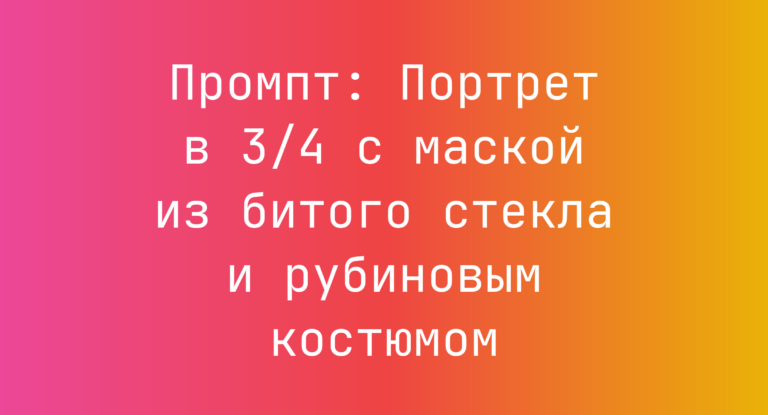 Промпт: Портрет в 3/4 с маской из битого стекла и рубиновым костюмом