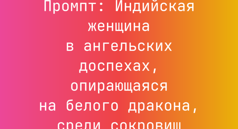 Промпт: Индийская женщина в ангельских доспехах, опирающаяся на белого дракона, среди сокровищ