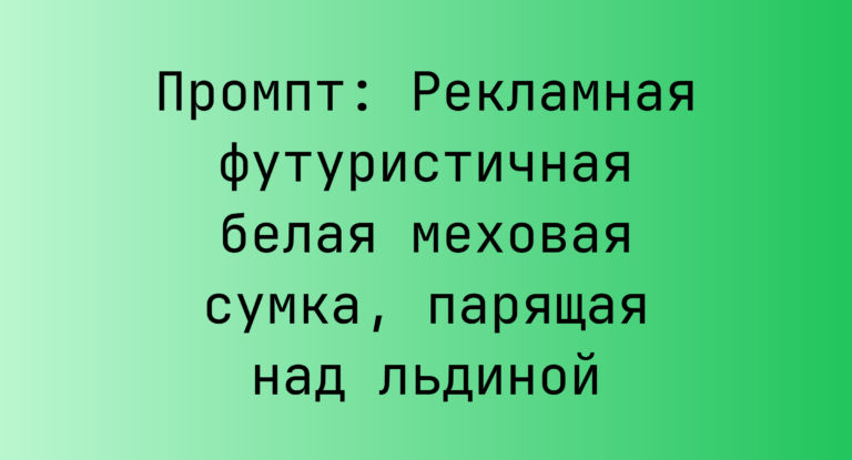 Промпт: Рекламная футуристичная белая меховая сумка, парящая над льдиной