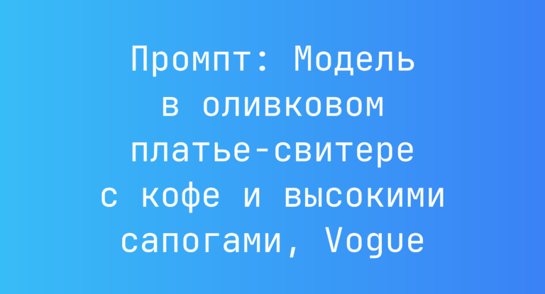Промпт: Модель в оливковом платье‑свитере с кофе и высокими сапогами, Vogue