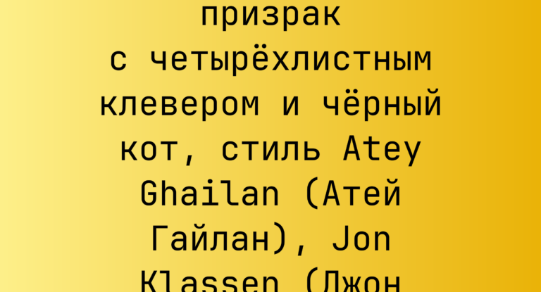 Промпт: милый призрак с четырехлистным клевером и черный кот, стиль Atey Ghailan (Атей Гайлан), Jon Klassen (Джон Классен)