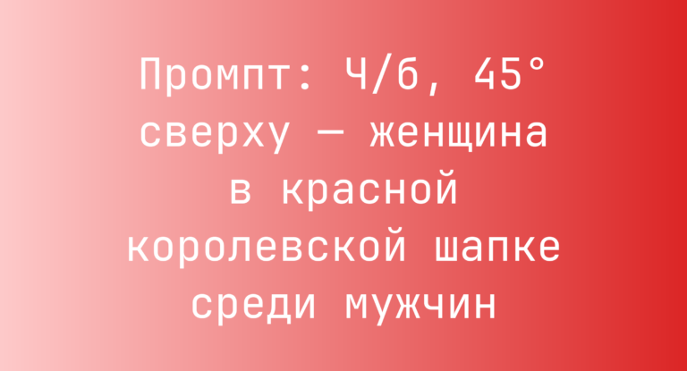 Промпт: Ч/б, 45° сверху — женщина в красной королевской шапке среди мужчин